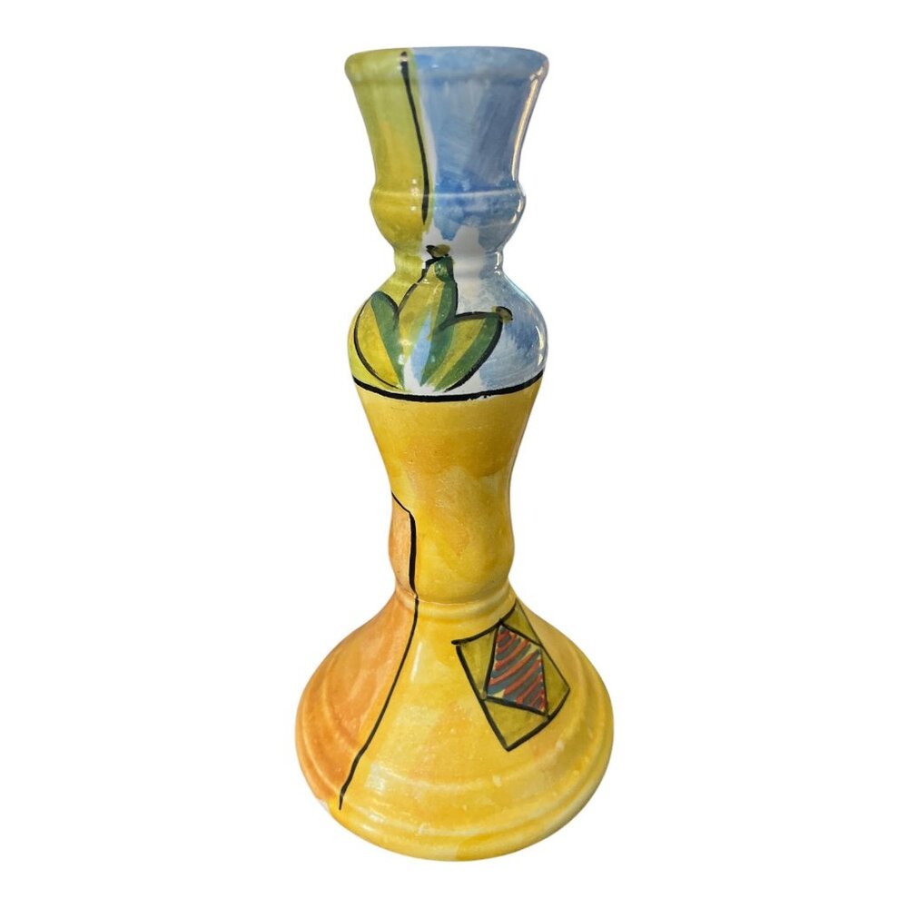 Italian Hand Painted Ceramic Candle Holder 8.5 Inch Colorful Art Pottery Candles